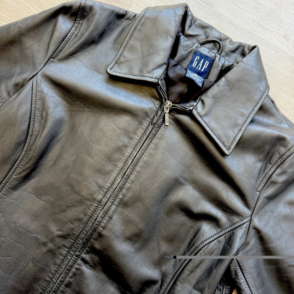 Vintage GAP Leather Jacket Womens M Black Full Zip Genuine Leather Y2K Classic